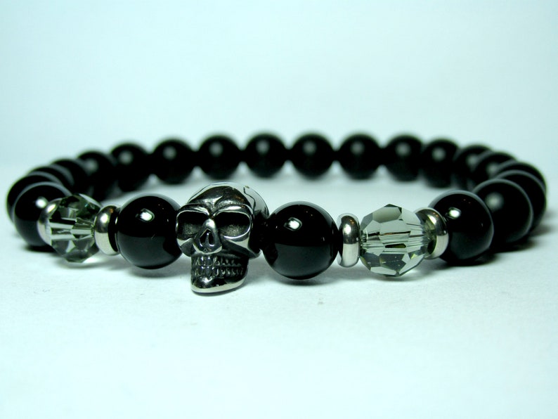 Mens Gift for Men Mens Onyx Skull Bracelet Mens Skull Bracelet Stainless Steel Bracelet Bracelet for Men Mens Beaded Bracelet for Men