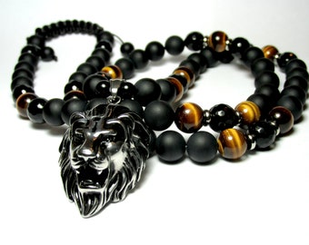 Mens Onyx Lion Necklace, Mens Lion Necklace, Mens Tiger Eye Necklace, Lion Pendant Necklace, Mens Beaded Necklace, Mens Gift