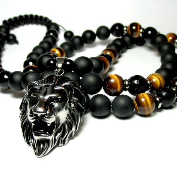 Mens Onyx Lion Necklace, Mens Lion Necklace, Mens Tiger Eye Necklace, Lion Pendant Necklace, Mens Beaded Necklace, Mens Gift