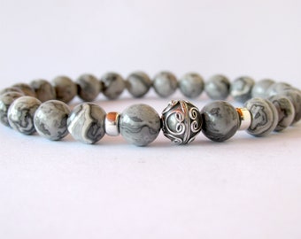 Mens Jasper Bracelet Sterling Silver, Picasso Jasper Bracelet, Mens Beaded Bracelet, Mens Gift for Men, Mens Gemstone Stretch Bracelet