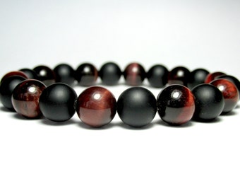 Mens Red Tiger Eye Bracelet, Black Onyx, Mens Beaded Bracelet, Mens Gift, Gemstone Stretch Bracelet