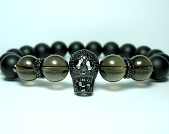 Mens Smoky Quartz Skull Bracelet, Mens Beaded Bracelet, Mens Gemstone Stretch Bracelet, Skull Jewelry