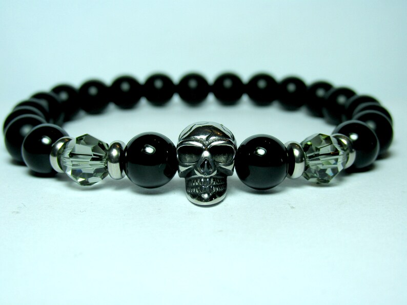 Mens Gift for Men Mens Onyx Skull Bracelet Mens Skull Bracelet Stainless Steel Bracelet Bracelet for Men Mens Beaded Bracelet for Men