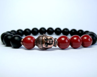 Mens Jasper Buddha Bracelet, Mens Beaded Bracelet, Mens Gift, Red Jasper Bracelet, Mens Gemstone Stretch Bracelet