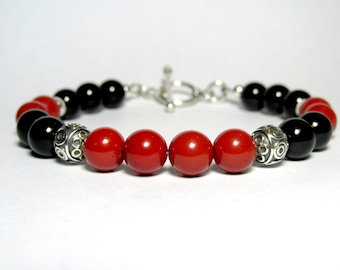 Mens Red Jasper and Black Onyx Bracelet Sterling Silver, Mens Gift, Mens Beaded Bracelet, Mens Gemstone Bracelet, Mens Toggle Clasp Bracelet