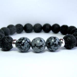 Mens Snowflake Obsidian Bracelet, Mens Beaded Bracelet, Gemstone Stretch Bracelet, Mens Gift, Black Lava, Sterling Silver image 4