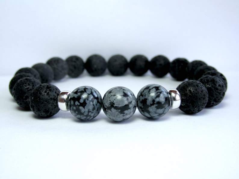 Mens Snowflake Obsidian Bracelet, Mens Beaded Bracelet, Gemstone Stretch Bracelet, Mens Gift, Black Lava, Sterling Silver image 4