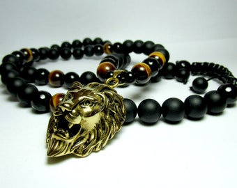 Mens Black Onyx Lion Necklace, Mens Lion Pendant Necklace, Mens Tiger Eye Necklace, Mens Beaded Necklace, Stainless Steel, Mens Gift for Men