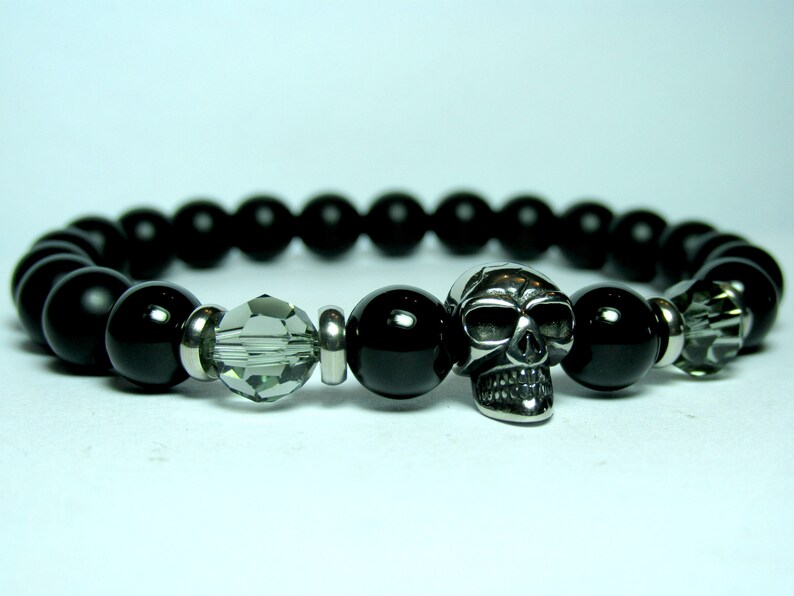Mens Gift for Men Mens Onyx Skull Bracelet Mens Skull Bracelet Stainless Steel Bracelet Bracelet for Men Mens Beaded Bracelet for Men