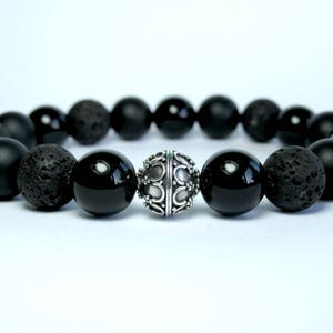 Sterling Silver Mens Onyx Bracelet, Mixed Stone Bracelet, Mens Beaded Bracelet, Mens Gemstone Stretch Bracelet, Mens Gift