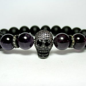 Mens Amethyst Skull Bracelet, Mixed Stone Bracelet, Mens Beaded Bracelet, Mens Gemstone Stretch Bracelet, Mens Gift