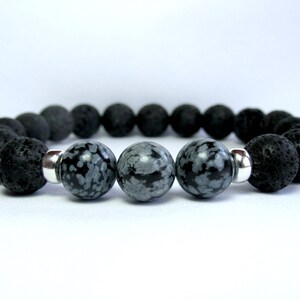 Mens Snowflake Obsidian Bracelet, Mens Beaded Bracelet, Gemstone Stretch Bracelet, Mens Gift, Black Lava, Sterling Silver image 6