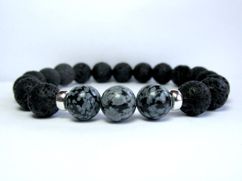 Mens Snowflake Obsidian Bracelet, Mens Beaded Bracelet, Gemstone Stretch Bracelet, Mens Gift, Black Lava, Sterling Silver image 6