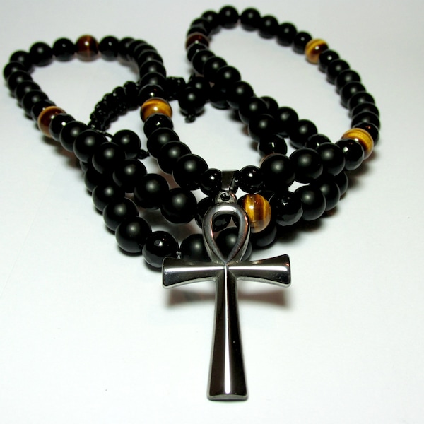 Mens Onyx Ankh Necklace, Mens Tiger Eye Necklace, Mens Onyx Necklace, Pendant Necklace, Mens Cross Necklace, Mens Gift