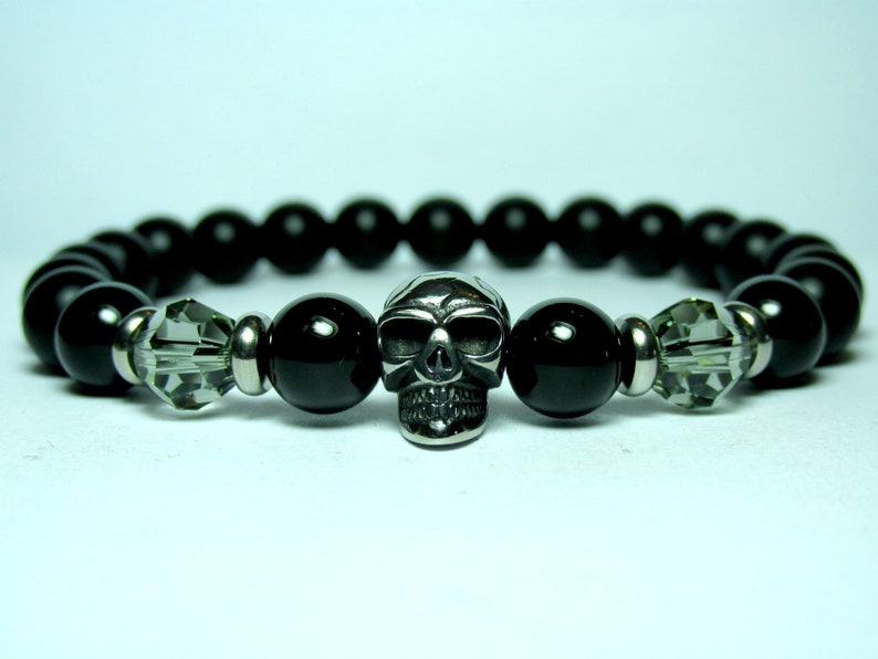 Mens Gift for Men Mens Onyx Skull Bracelet Mens Skull Bracelet Stainless Steel Bracelet Bracelet for Men Mens Beaded Bracelet for Men