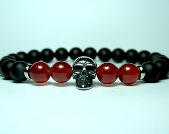 Mens Carnelian Skull Bracelet, Mens Black Onyx Bracelet, Mens Beaded Bracelet, Red Carnelian Bracelet, Mens Gemstone Stretch Bracelet