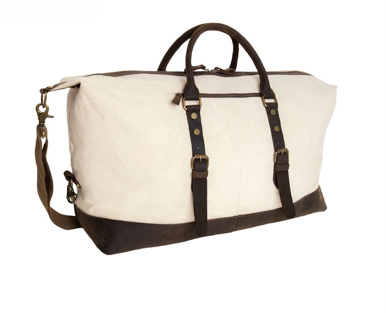 Weekender Bag for Men Canvas and Leather, Gift for Him, Groomsmen Gift, Groomsmen Bag, Canvas Travel Bag, Carry On Bag Natural