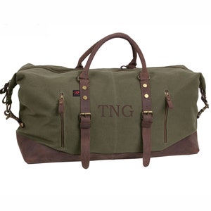 Weekender Bag for Men Canvas and Leather, Gift for Him, Groomsmen Gift, Groomsmen Bag, Canvas Travel Bag, Carry On Bag Olive Drab