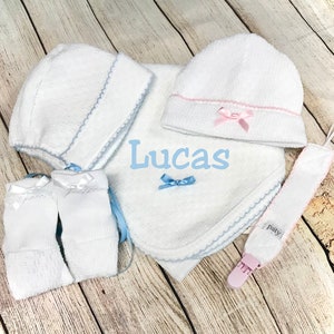 Monogrammed Paty Accessories - Blanket, Bonnet, Cap, Booties, Paci Clip - Made in the USA, 100% Cotton, Heirloom Keepsake