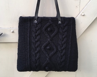 Black hand knitted tote bag with leather handles