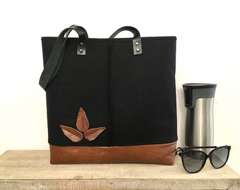 Black shoulder bag, Wool and leather bag