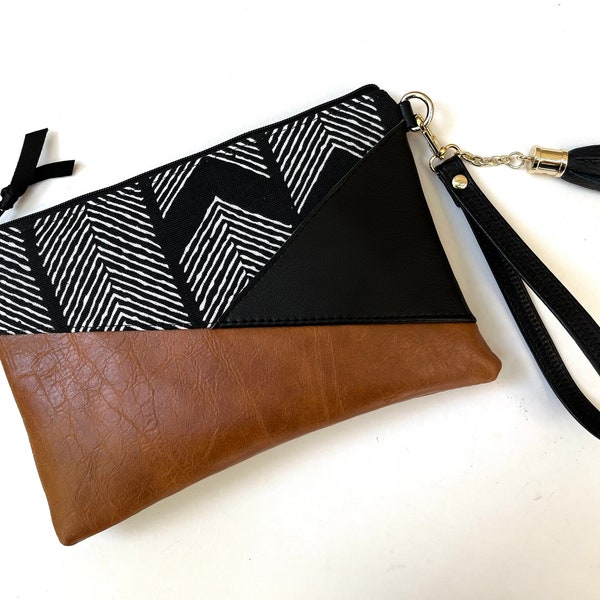 Leather wristlet wallet, Geometric clutch purse