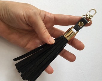 Large leather tassel, Black tassel with clasp