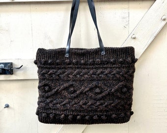 Brown hand knitted tote bag with leather handles
