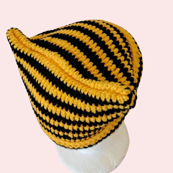 Crochet Cat Ears Beanie Hat: Yellow and Black Striped 