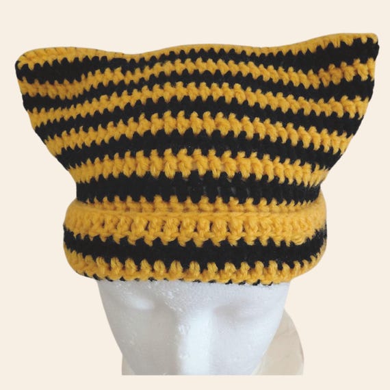 Black and Yellow Cat Ear Hat Crochet Cat Ears Beanie Hat: Yellow and Black Striped  main image 2