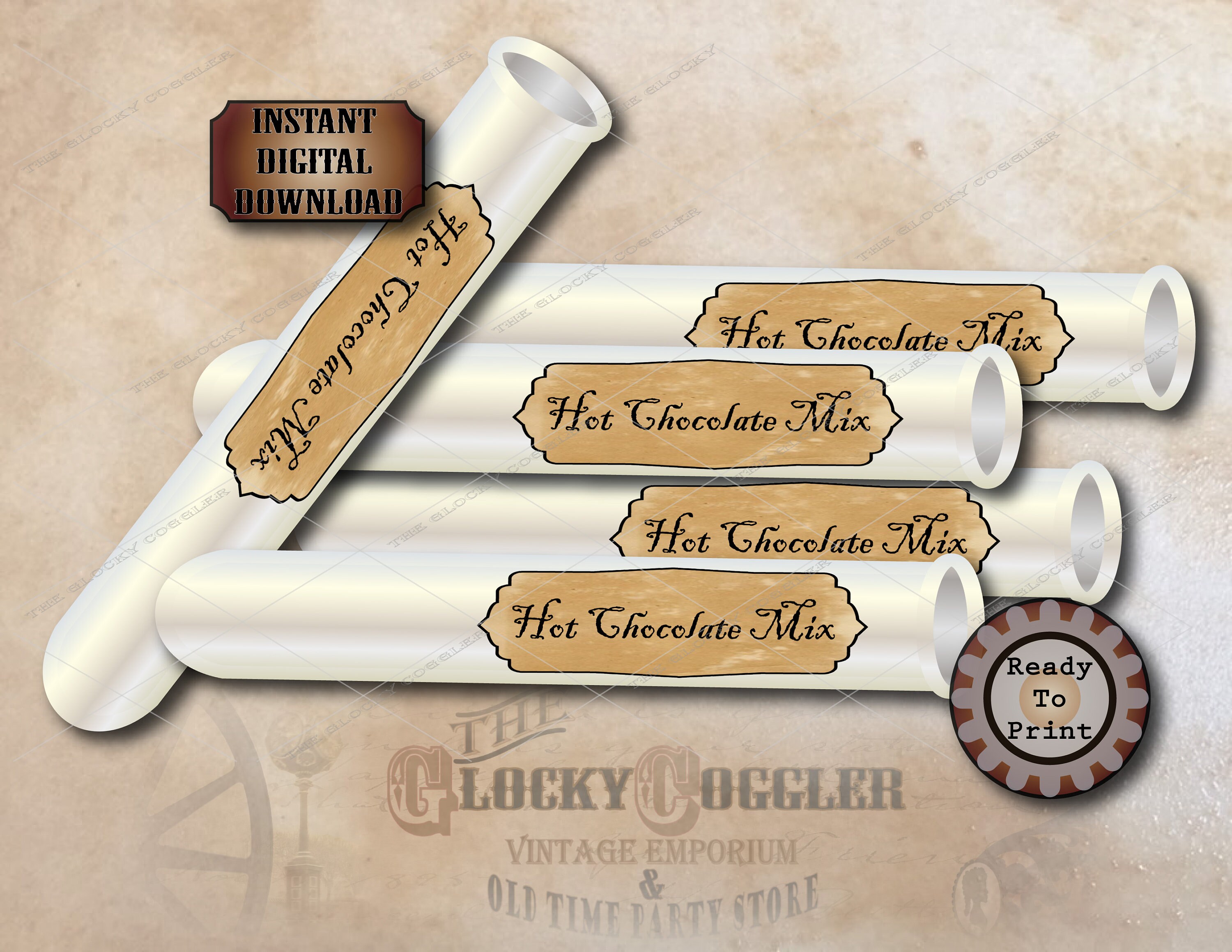 HOT CHOCOLATE MIX Test Tube Labels Printable jpg ~ Victorian Asylum Halloween Apothecary Style 1X3.5" Tags ~ Aged Paper for Gift or Party