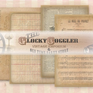 May include: A collage of vintage paper ephemera, including a sheet of music titled "Le Noel du Povret", a page of text, and a sheet of graph paper. The image is overlaid with a logo for "The Locky Coggler Vintage Emporium & Old Time Party Store".