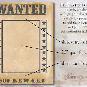 DIY Blank WANTED Poster Printable Space for Photo, Crime, Name Cowboy Birthday Party Wedding Favor Picture Frame 500 Dollar Reward image 2