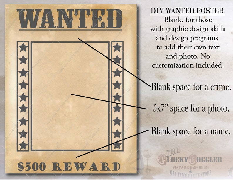 DIY Blank WANTED Poster Printable Space for Photo, Crime, Name Cowboy Birthday Party Wedding Favor Picture Frame 500 Dollar Reward image 2