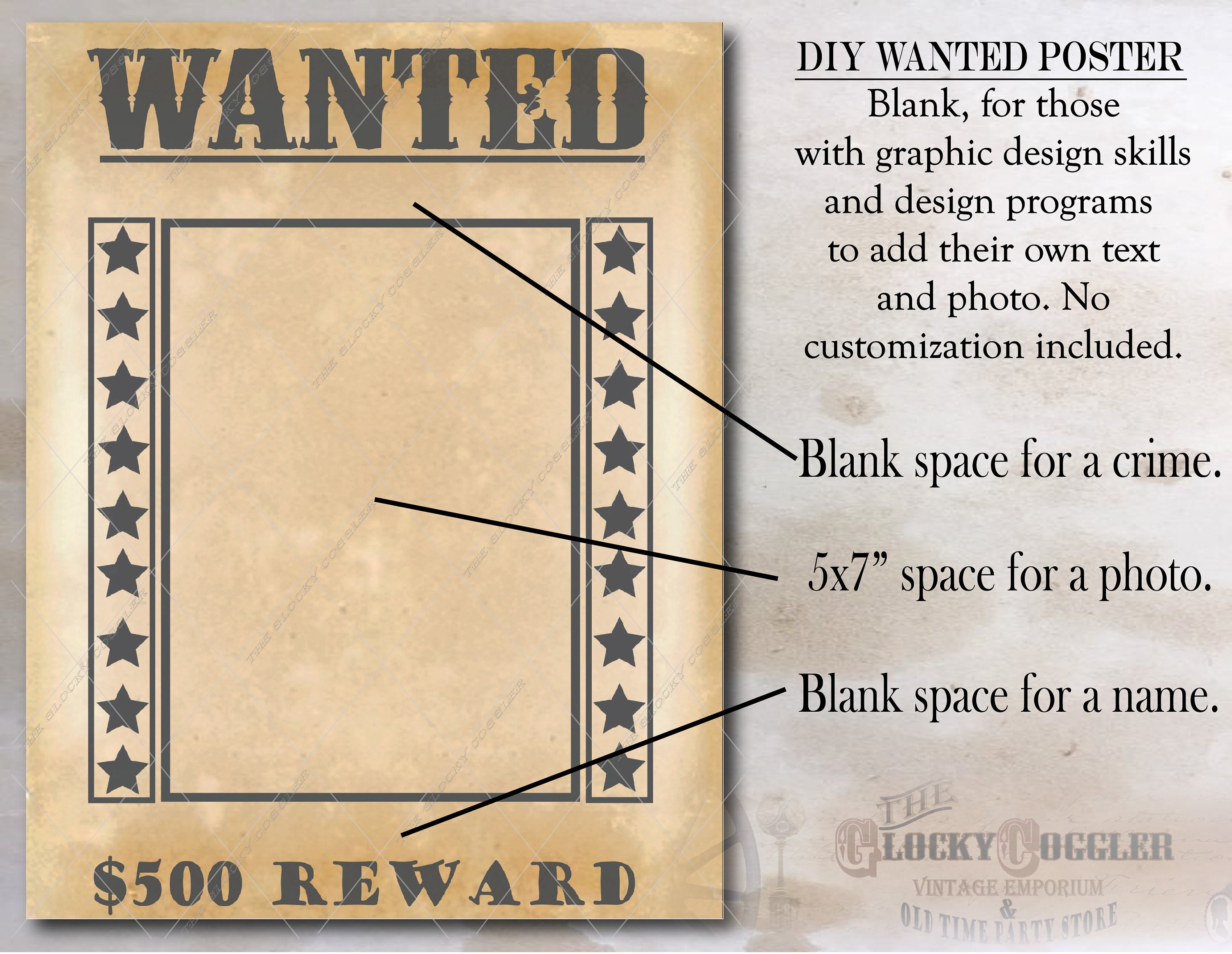DIY Blank WANTED Poster Printable Space For Photo Crime Name DIY Blank WANTED Poster Printable Space For Photo Crime Name