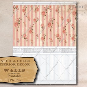 Wall Panel Dollhouse 1:12 Scale Printable 11X8.5&quot; JPG ~ Shabby Pink Stripe Roses Wainscot Tin Tile Border White Trim ~ Miniature Wallpaper