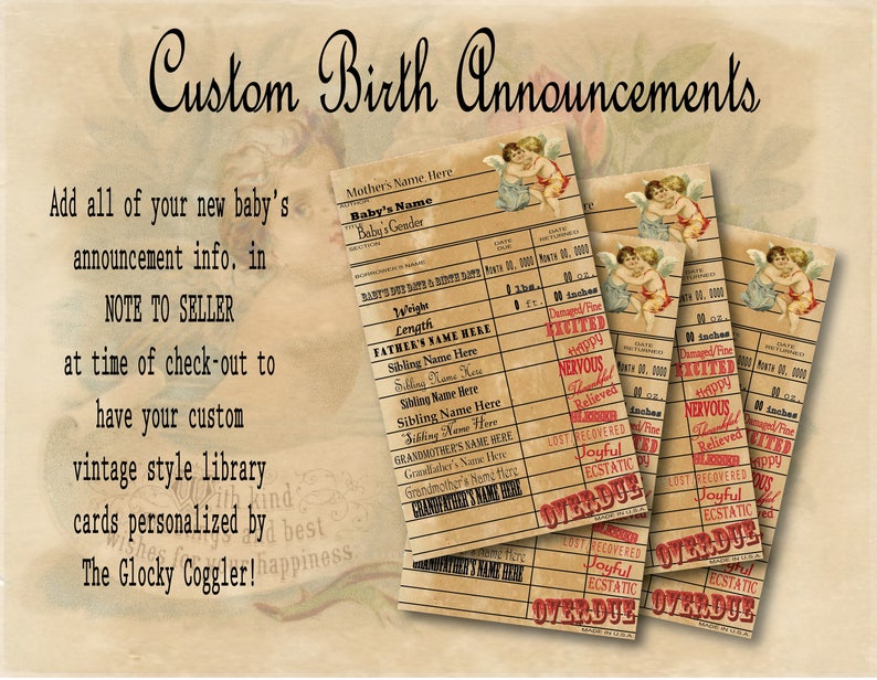 Victorian Birth Announcement Library Cards ~ Printable Set 3 Personalized 3X5s ~ Cherub Baby Shower Birth Date Weight ~ Vintage Book Check
