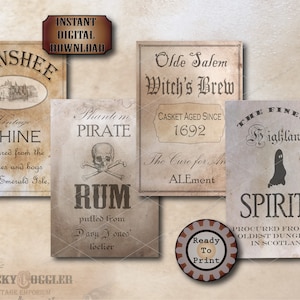 4 Halloween Booze Bottle Labels on 1 Printable JPG ~ 3.5X5&quot; Witch&#39;s Brew Casket Aged, Highland Spirits, Phantom Pirate Rum, Banshee Whine