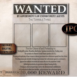 3 Photo Prohibition WANTED Sign Printable ~ 2.5x3.5&quot; Blank Pictures Area ~ New Year, Wedding Decor ~ Space for Text 20,000 Dollar Reward