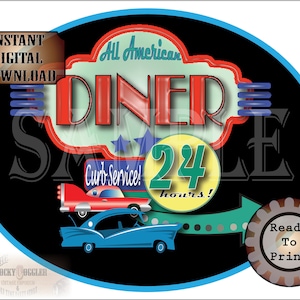 50s DINER Cake Topper Printable JPG ~ 8X10&quot; Oval 1950s Retro Drive-in Restaurant &quot;24 HOURS&quot; Blue Yellow Green Red Party Decor Classic Cars