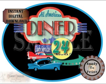 50s DINER Cake Topper Stampabile JPG ~ 8X10 "Ovale 1950s Retro Drive-in Ristorante "24 ORE" Blu Giallo Verde Rosso Party Decor Auto Classiche