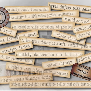 Asylum Typography 3 Printable Files, 65 Mental Hospital Related Words & Phrases, Invitation or Junk Journal Embellishments 8.5X11 Aged Paper