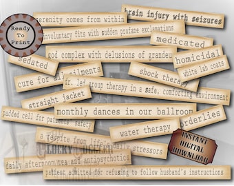 Asylum Typography 3 Printable Files, 65 Mental Hospital Related Words & Phrases, Invitation or Junk Journal Embellishments 8.5X11 Aged Paper