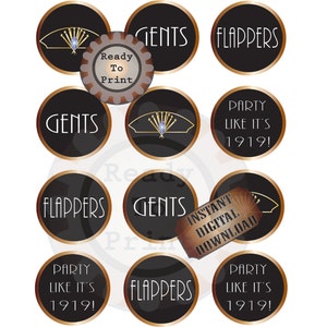 Prohibition Cupcake Toppers Flappers Gents Art Déco Gatsby Era Headpiece Speakeasy Roaring 20s Cake Topper Round Tags Wedding Party Décor