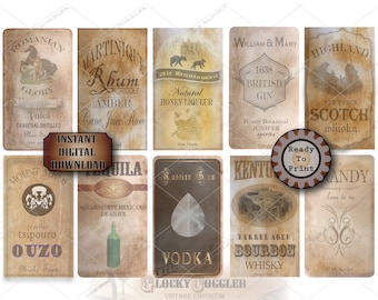 10 Bottle Labels ~ Vintage Style International Printable Prohibition Speakeasy Roaring 20s Distilled Spirits ~ Whisky, Gin, Brandy, Bourbon