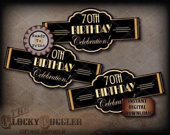 70th Birthday Cigar Labels Printable JPG File Digital Download ~ Art Deco Black Gold Prohibition Wedding Roaring 20s Wraparound Party Decor