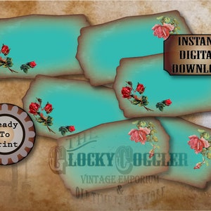 6 Aqua Rose Apothecary Jar Labels Printable JPG File ~ Victorian Scrap Spice, Medicine, Canister Tags ~ 2.5 X 4.75&quot; ~ Worn Velvet Aged Paper
