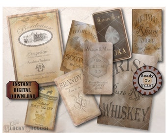 8 Bottle Labels Printable JPG ~ Various Sized International Prohibition Speakeasy Roaring 20s Wine, Spirits, Whisky, Gin, Brandy, Scotch