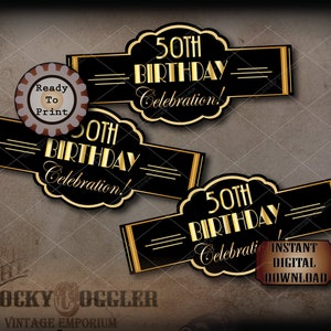 50th Birthday Cigar Labels Printable JPG File Digital Download ~ Art Deco Black Gold Prohibition Wedding, Roaring 20s Wraparound Party Decor