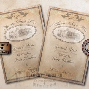 Wijnfles Label SAVE THE DATE Afdrukbare jpg Bestand ~ Aangepast Gepersonaliseerd Oud Papier Frans Kasteel Wijngaard Amour Sans Fins Neverending Liefde
